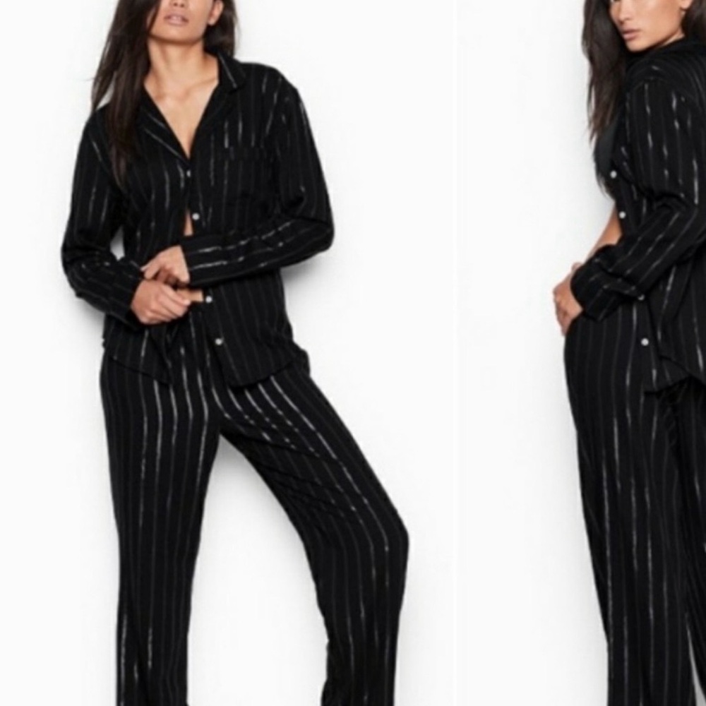 Victoria's Secret Black Pajama Set with White Stripes